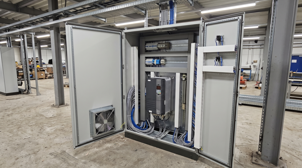 Tablero de control industrial con PLC, variadores de velocidad y componentes eléctricos integrados